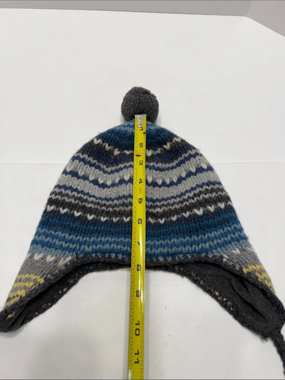 American Eagle Outfitters Blue, Gray, White & Yellow Striped Knit Earflap Hat